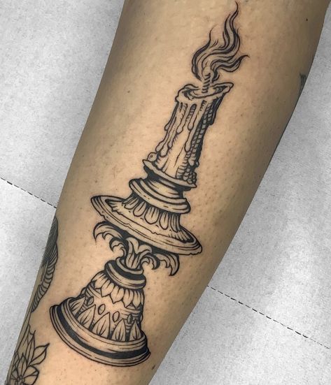 Taper Candle Tattoo, Front Of Shin Tattoo, Candle Stick Tattoo Design, Arsenic Tattoo, Apothecary Tattoos, Garden Song Tattoo, Witchy Candle Tattoo, Candle Holder Tattoo, Candle Burning At Both Ends Tattoo