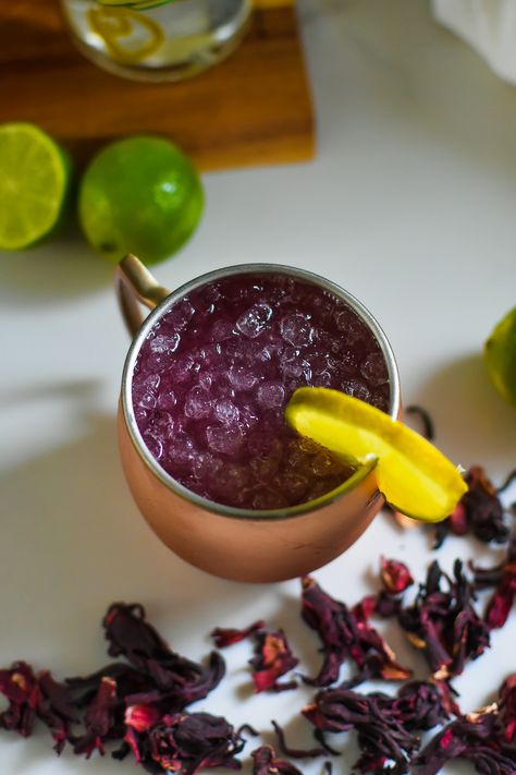 Hibiscus Mule Cocktail Hibiscus Ginger Beer Cocktail, Celebration Salad Recipe, Ginger Beer Mule, Moscow Mule Recipe Classic, Ginger Beer Recipe, Ginger Beer Cocktail, Hibiscus Syrup, Greens Salad, Moscow Mule Recipe