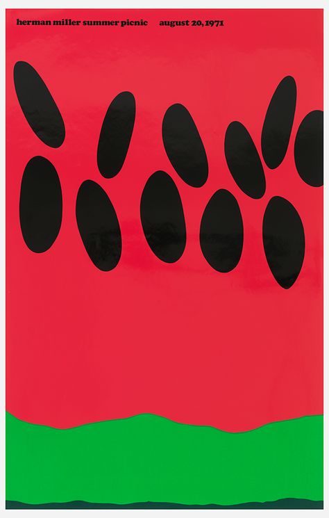 Few things say “summer is here” like watermelon. Its bright colors and refreshing taste go hand-in-hand with summer picnics and poolside snacking. This poster, depicting a zoomed-in view of a watermelon, was designed by American graphic designer Stephen Frykholm to promote the Herman Miller Furniture Company’s 1971 summer picnic. When he started at Herman Miller in 1970, Frykholm was asked to create a poster for the company’s annual summer picnic. He was familiar with screen printing (a ... Picnic Poster, Fritz Hansen Furniture, Watermelon Illustration, Watermelon Art, Cooler Painting, Watermelon Summer, Summer Poster, Modernist Design, Plywood Furniture