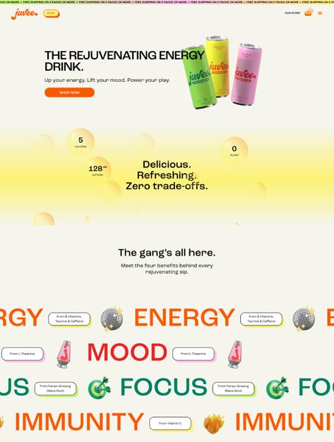 Meet Juvee, the rejuvenating energy drink for all! Power your play. 0g of sugar. Energy Drink Website Design, Beverage Website Design, Ecommerce Landing Page Design, Gradient Website, Drink Website, Ecommerce Landing Page, Beverage Branding, Landing Page Design Inspiration, Web Ideas