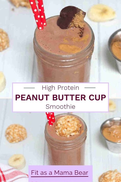 Two images of a chocolate peanut butter smoothie in a mason jar with peanut butter toppings. Non Dairy Protein, Peanut Butter Cup Smoothie, Cocoa Powder Recipes, Muscle Repair, Dairy Free Smoothies, Favorite Breakfast Recipes, Dessert Smoothie, No Dairy, Best Peanut Butter