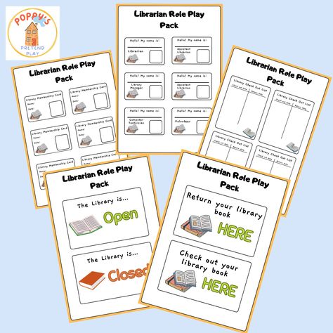 Library Pretend Play Printable Pack 10 A4 sheets of library role play printables to print out at home for your little one to become a Librarian and run their very own library!  Encourages creative and imaginative play suitable for all ages. These packs do not require colour printing, they can be coloured in! *Please note: these are NOT physical items, a download link will appear once purchased. This pack includes: A PDF of 10 A4 sheets - 6 membership cards - 6 job role name tags - 4 checking out logs - Open/Closed signs - Genre shelf labels - 2 sheets of book writing paper - Storytime poster - Library rules poster  DISCLAIMER: This pack is owned by Poppy's Pretend Play and must not be copied or sold in any way. Sharing on social media is allowed but must be credited using a link to this Et Library Rules Poster, Preschool Dramatic Play, Shelf Labels, Play Bakery, Library Rules, Play Printables, Rules Poster, Dramatic Play Preschool, Closed Signs