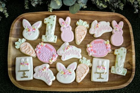 Bunny First Birthday Cookies, Somebunny Is One Cookies, Easter 1st Birthday Party Girl, Some Bunny Is Turning Two, Some Bunny Is Turning One Cookies, April 1st Birthday Ideas Girl, April First Birthday Theme, March First Birthday Ideas Girl, Bunny Birthday Cookies