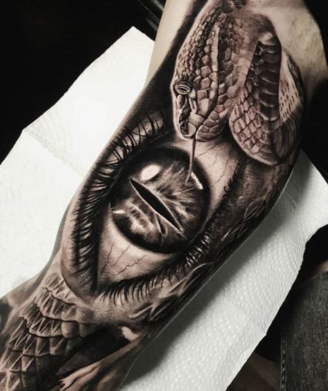 Eye Tattoo Bicep, Tattoo Biceps, Cobra Tattoo, Inner Bicep Tattoo, Black Tattoo Cover Up, Black Art Tattoo, Native Tattoos, Inner Arm Tattoo, Girl Arm Tattoos