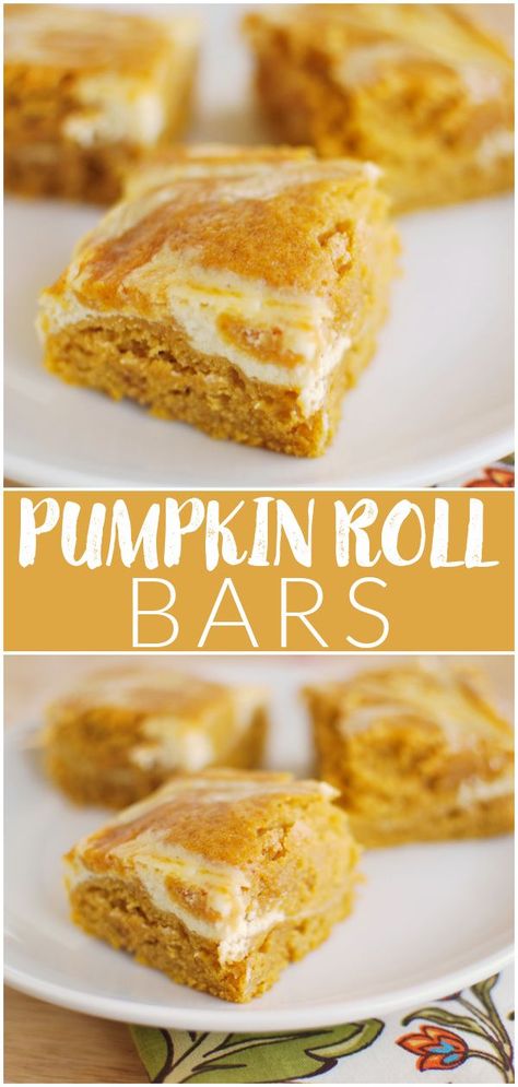 Pumpkin Roll Bars, Pumpkin Cake With Cream Cheese, Cream Cheese Swirl, Pumpkin Roll, Pumpkin Bars, Delicious Pumpkin, Pumpkin Cream, Cake With Cream Cheese, Pumpkin Dessert