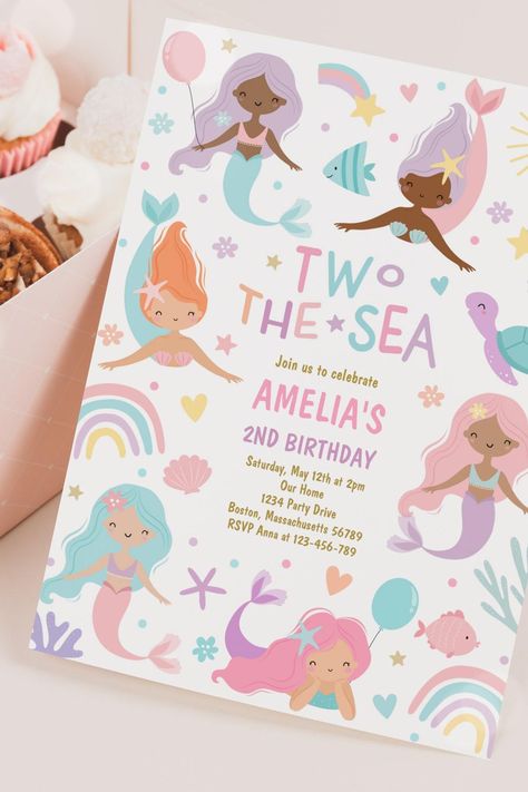 Mermaid Under The Sea Two The Sea 2nd Birthday Invitation Under The Sea Second Birthday, Mermaid Under The Sea, 2nd Birthday Invitations, Under The Sea, 2nd Birthday, Birthday Invitations, Mermaid, Birthday