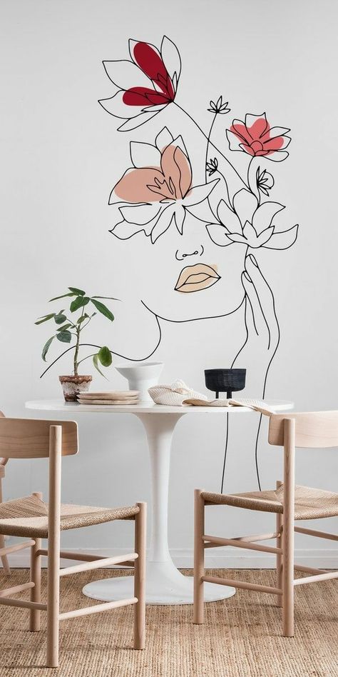 Line Art Woman With Flowers, Wall Murals Diy, Line Art Woman, Woman With Flowers, Hiasan Bilik Tidur, Diy Wall Painting, Diy Wand, Wall Painting Decor, Wall Drawing