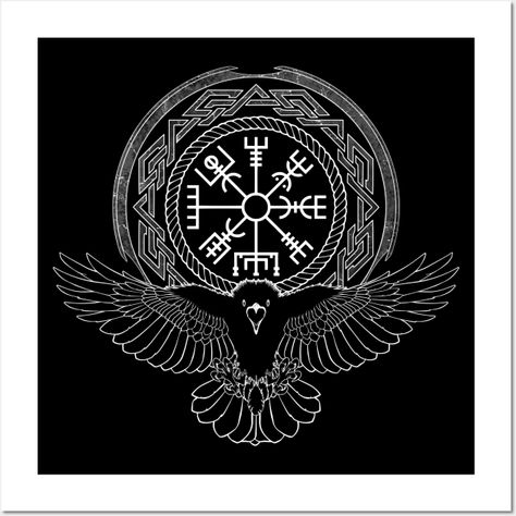 Raven with Viking Vegvisir and celtic tribal decoration - This great looking and custom designed shirt features a mythological Viking raven with the Viking compass Vegvisir symbol. Ravens and other birds as well as the valknut symbol in Norse mythology are symbolic of the Asgardian god Odin. -- Choose from our vast selection of art prints and posters to match with your desired size to make the perfect print or poster. Pick your favorite: Movies, TV Shows, Art, and so much more! Available in mini Odin's Ravens Tattoo, Viking Drawings, Vegvisir Symbol, Viking Vegvisir, Valknut Symbol, Celtic Raven, Viking Pattern, Viking Raven, Odin's Ravens