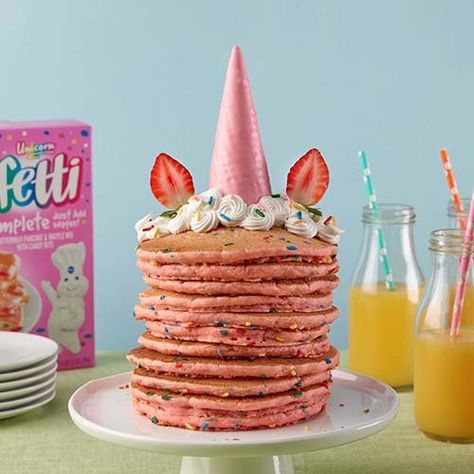 Unicorn Pancakes, Birthday Pancakes, Buttermilk Pancake, Buttermilk Pancake Mix, Rainbows And Unicorns, Strawberry Frosting, Pancake Stack, Our Birthday, Ingredient Labels