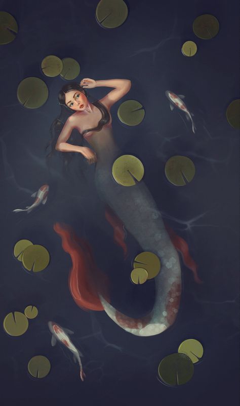 Mermaid Laying Down, Asian Mermaid, Lake Mermaid, Mermaid Tail Drawing, Koi Mermaid, Drawing Mermaid, Koi Dragon, Mermaid Artwork, Procreate Drawing