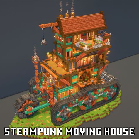 Minecraft Steampunk Moving House Tutorial Bookshop Minecraft, Steampunk House Minecraft, Steam Punk Minecraft, Minecraft Steampunk House, Steampunk Building, Minecraft Steampunk, Minecraft Tutorials, House Tutorial, Steampunk House