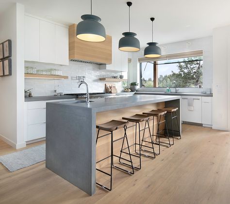 12 Waterfall Kitchen Island Ideas for a Streamlined Modern Look White Contemporary Kitchen, Rustic Kitchen Shelves, Modern Kitchen Trends, Countertop Paint, Concrete Countertops White Cabinets, Concrete Countertops Outdoor Kitchen, Spec House, Concrete Countertops White, Concrete Countertops Outdoor