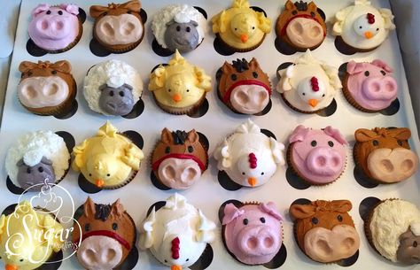 Farm Animal Cupcakes piped buttercream Barnyard Party Cupcakes, Cupcakes Farm Animals, Buttercream Farm Animal Cupcakes, Farm Party Cupcakes, Farm Cupcakes Ideas, Buttercream Animals, Animal Cupcakes Easy, Farm Cupcakes, Barnyard Cupcakes