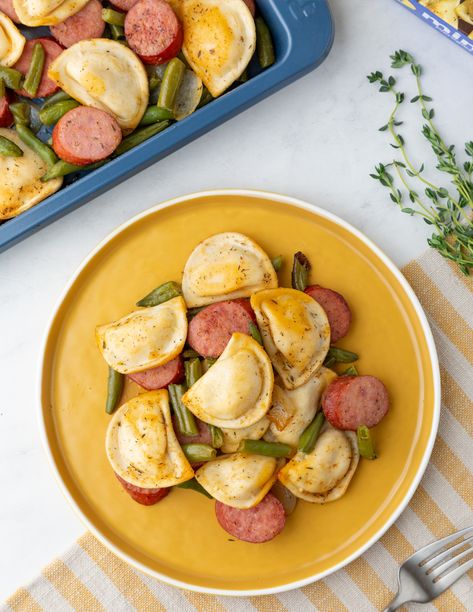 Sheet Pan Meal with Pierogies, Kielbasa and Green Beans - Mrs. T's Pierogies Sausage And Pierogies Sheet Pan, Perogies Sheet Pan, Kielbasa And Green Beans, Sausage Pierogies, Perogies Dinner Ideas, Pan Green Beans, Pierogies And Kielbasa, Sausage And Green Beans, Pierogi Recipe