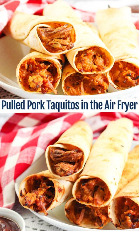 Turn leftovers into fun cheesy pulled pork taquitos with the help of your air fryer. They are easy to make, crispy and delicious! Pulled Pork Taquitos, Pork Taquitos, Hearty Appetizer, Green Chile Salsa, Air Fryer Taquitos, Chile Salsa, Canning Refried Beans, Roast Chicken Leftovers, Healthy Entrees