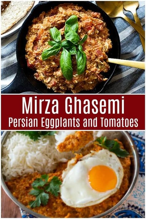 Persian smoked eggplant and tomatoes - Mirza ghasemi is a classic dish from Northern Iran. This smoked eggplant dip is served with rice and makes an easy, healthy vegetarian meal. You can find all the tips and tricks to make the best mirza ghasemi in the recipe! #mirzaghasemi #persianrecipe #persianfood #eggplants #tomatoes Vegetarian Eggplant Recipes, Persian Eggplant, Iranian Recipes, Tomato Dishes, Eggplant Recipe, Healthy Sweet Snacks, Persian Cuisine, Persian Food, Eggplant Recipes