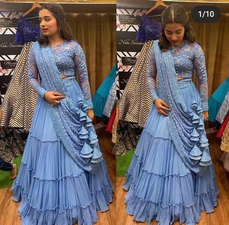 Light Blue Lehenga, Ruffle Lehenga, Lehenga Choli Wedding, Lehnga Dress, Blue Lehenga, Half Saree Designs, Choli Designs, Party Wear Lehenga, Bridal Lehenga Choli