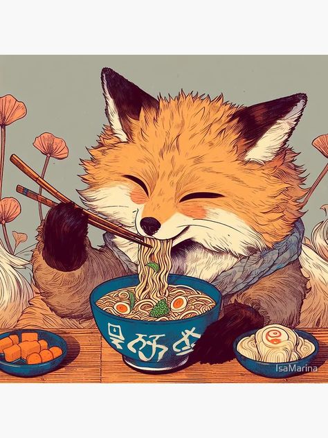 "Ramen and Fox " Sticker for Sale by IsaMarina | Redbubble Fox Coffee Art, Ramen Art Cute, Fox Food, Fox Drinking Coffee, Anime Food Ramen, Fox Eat, Tea Fox Illustrations Kitsune, Sweet Drawings, Japan Culture