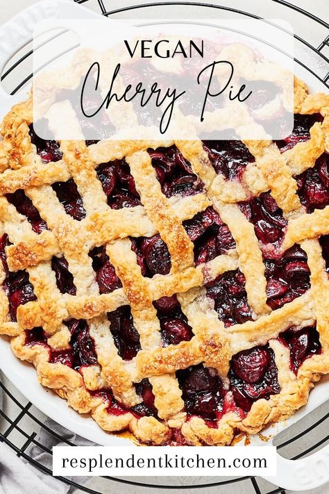 Satisfy your sweet tooth with this delicious homemade Vegan Cherry Pie! The flaky and buttery crust perfectly pairs with the sweet and tart cherry filling that's infused with lemon, almond, and vanilla flavors. Perfect for the Fourth of July! Vegan Cherry Pie Recipe, Vegan Cherry Pie, Cherry Pie Recipe, Plant Based Dinner, Vegan Pie, Vegan Cake Recipes, Summer Picnics, Frozen Cherries, Dinner Guest