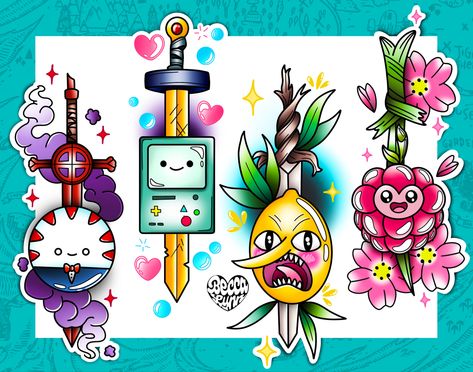 Adventure Time Inspired Dagger Flash Sheet featuring Peppermint Butler, BMO, Lemongrab, and Wildberry Princess created by Becca Lynn @beccalynntattoo & @speed_demons_tattoo on Instagram Adventure Time Swords, Tatoo Adventure, Swords Tattoo, Adventure Time Tattoo, Adveture Time, Flash Sheet, Doodle Tattoo, Tattoo Portfolio, Bee Tattoo