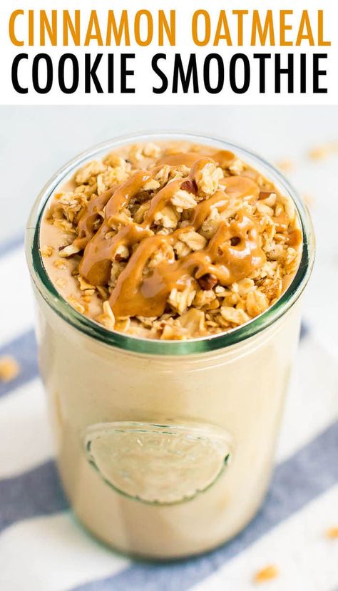 A healthy and protein-packed smoothie that tastes like an oatmeal cookie with a hint of cinnamon. Vegan, gluten-free and perfect for refueling after a workout. #proteinsmoothie #smoothie #breakfast #postworkout #oatmealcookie #healthyrecipe Cookies And Cream Smoothie Healthy, Date Protein Smoothie, Oatmilk Smoothies, Oatmeal Protein Shake, Plexus Recipes, Oatmeal Cookie Smoothie, Dinner Smoothies, Dessert Smoothies, Cinnamon Oatmeal Cookies