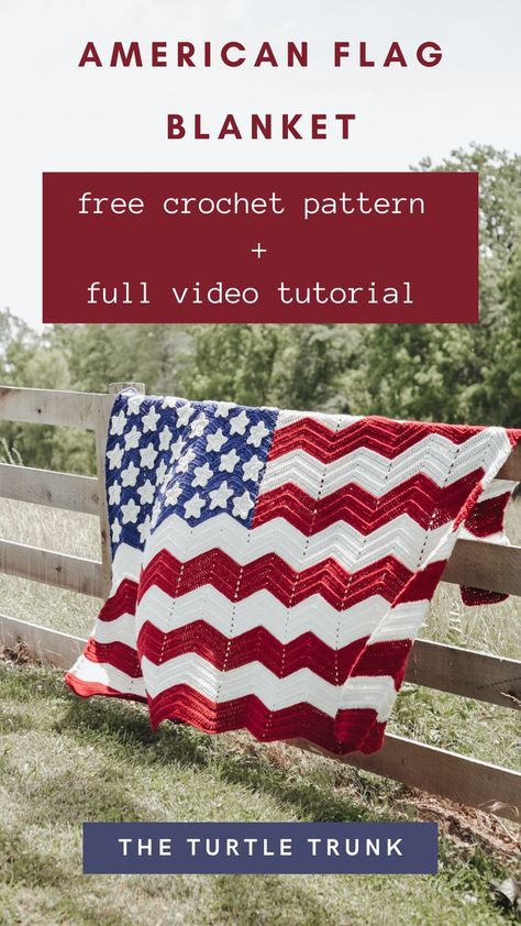 A crochet American Flag Blanket lays over a fence outside. The American Flag Blanket crochet pattern is by The Turtle Trunk. Chevron Stitch Crochet, Crochet Blanket Girl, American Flag Blanket, Crochet Flower Squares, Crochet Baby Blanket Beginner, Baby Boy Crochet Blanket, Fast Crochet, Afghans Crochet, Chevron Crochet