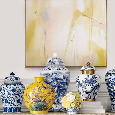 Blue and Yellow Ginger Facts, Blue And White Vases, Vase Deco, Living Room Furniture Layout, Blue White Decor, Blue Furniture, Chinoiserie Chic, Clay Vase, Williams Sonoma Home