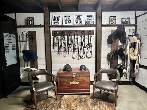 Tack Room Cabinets, Horse Tack Room Organization, Stable Renovation, Luxury Stables, Equestrian Office, Tack Room Ideas, Barn Organization, Tack Room Organization, Small Horse Barn