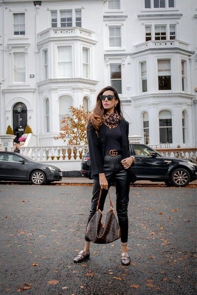 Black top with black faux leather trousers and a black blazer. Accessorised with a silk Louis Vuitton scarf, Gucci belt and Louis Vuitton bag. This is a monochromatic look with use of different textures to give the outfit dimensions and keeping the look elegant and chic. #LTKFall #LTKworkwear #LTKeurope Scarf Gucci, Faux Leather Trousers, Louis Vuitton Scarf, Leather Trousers, Gucci Belt, Club Monaco, Vuitton Bag, Black Blazer, Black Top