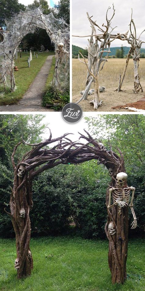 Terror Halloween Wedding Arch ideas Macabre Wedding Dress, Spooky Halloween Wedding Decor, Spooky Wedding Arch, Horror Themed Wedding Dress, Gothic Arch Wedding, Zombie Wedding Theme, Pagan Wedding Arch, Halloween Wedding Arch Ideas, Satanic Wedding Ideas