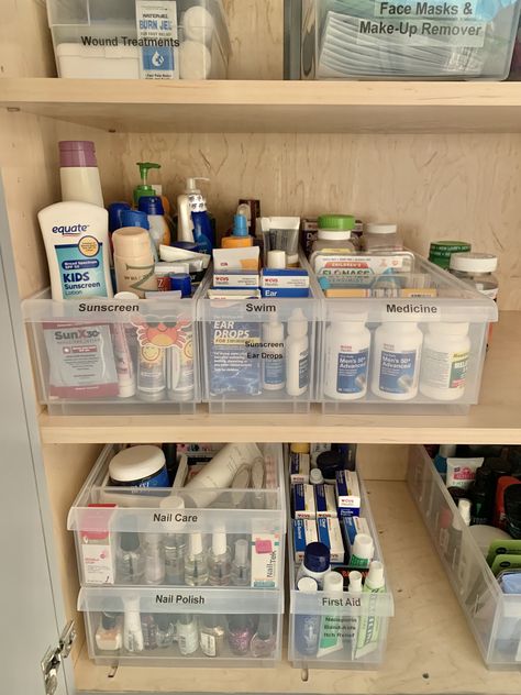 How To Organize Medicine Ideas, How To Organize Medicines At Home, Bathroom Medication Organization, Organizing Medications, Organizing Supplements, Virgo Energy, Hallway Closet, Medicine Storage, House Organization