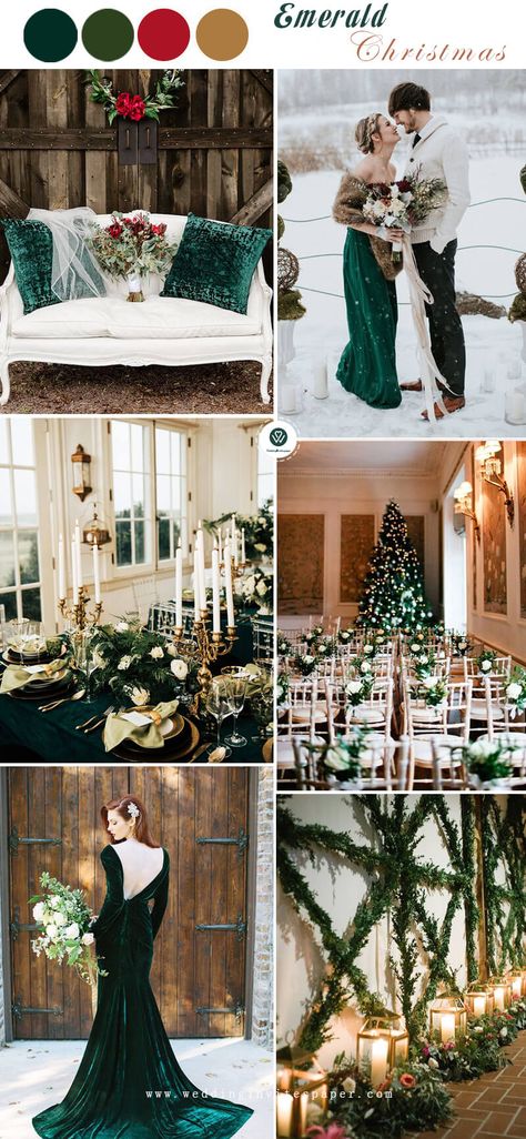 Emerald Green winter wedding colors, Christmas weddings, Christmas theme, gold hues, vintage wedding #christmas #christmaswedding #emerald #weddingcolors Green Christmas Wedding, Emerald Green Christmas, Wedding Decor Flowers, Gold Winter Wedding, Christmas Wedding Inspiration, Emerald Green Weddings, Winter Wedding Colors, Wedding Themes Winter, December Wedding