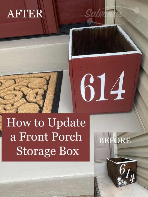 How to Update a DIY Front Porch Storage Box - Sabrinas Organizing Porch Box For Packages, Front Porch Storage, Porch Boxes, Storage Solutions For Small Spaces, Diy Outdoor Storage, Street People, Porch Storage, Diy Paint Projects, Pvc Moulding