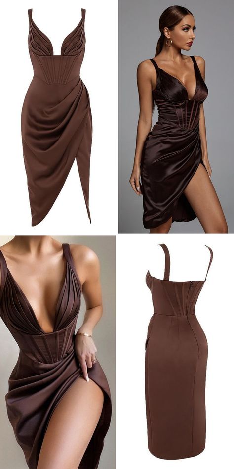 Elegant Dresses Classy Chic, Chocolate Satin, Black Women Dress, Bandage Dresses, Corset Fashion, Elegant Dresses Classy, Iconic Dresses, Satin Mini Dress, Glam Dresses