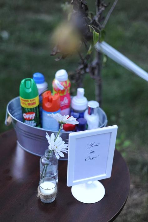 "just in case"  for an outdoor reception have a "just in case" bucket filled with lotion, hand sanitizer, bug spray, sunblock, tylenol etc. Campfire Foods, Camping Wedding, Bucket Filling, I Do Bbq, Homemade Wedding, Campfire Food, Camp Wedding, Bug Spray, Wedding Fun