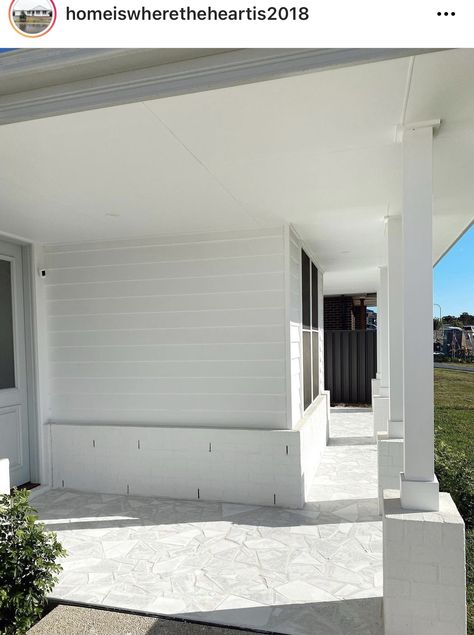 Coastal Outdoor Pavers, Front Verandah Tiles, White Rendered Wall Driveway, Front Porch Tiles, Crazy Pave Driveway, Crazy Pave Alfresco, Entry Statement, Hamptons Coastal Fascade, Crazy Pave