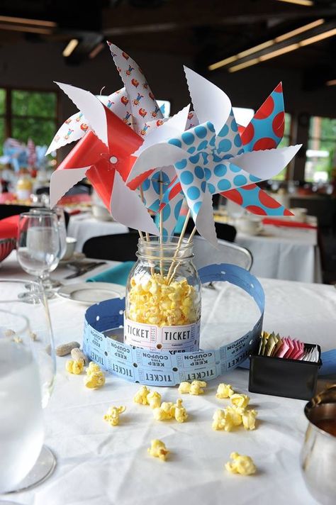 Carnival wedding pinwheel centerpiece Pinwheel Centerpiece, Carnival Centerpieces, Vintage Carnival Wedding, Carnival Birthday Party Theme, Carnival Decorations, Circus Wedding, Carnival Wedding, Carnival Themed Party, Circus Birthday Party