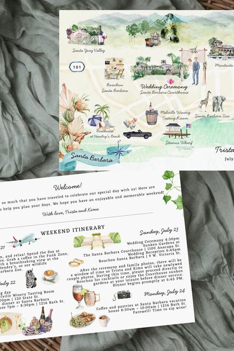 Santa Barbara | Wedding Weekend Itinerary Map Invitation Bachelorette Card, Destination Wedding Itinerary, Map Invitation, Wedding Weekend Itinerary, Map Wedding Invitation, Destination Wedding Spain, Santa Barbara Courthouse, Yosemite Wedding, Event Card