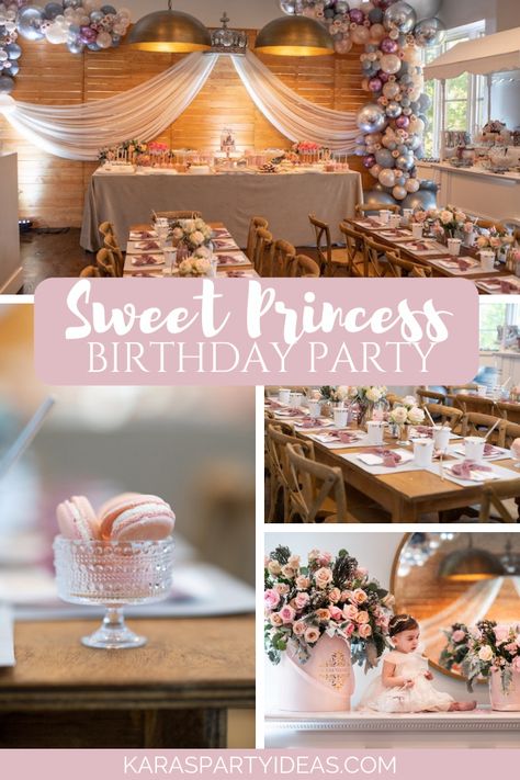 Sweet Princess Birthday Party via Kara's Party Ideas - KarasPartyIdeas.com Elegant Princess Birthday Party, Ballroom Birthday Party, Princess Themed Food, Royal Themed Birthday Party, Rustic Wood Tables, Watercolor Castle, Princess Food, Castle Birthday, Prince Birthday Party