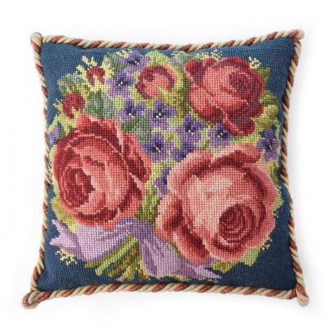 Not ready to take on a 16x16 kit yet?  Try our 12x12 needlepoint kits from the Floribunda Collection! Victorian Cross Stitch, Rose Basket, Needlepoint Pillow Kits, Tapestry Kits, Needlepoint Tapestry, Dark Blue Background, Needlepoint Pillows, Needlepoint Kits, Red Poppies