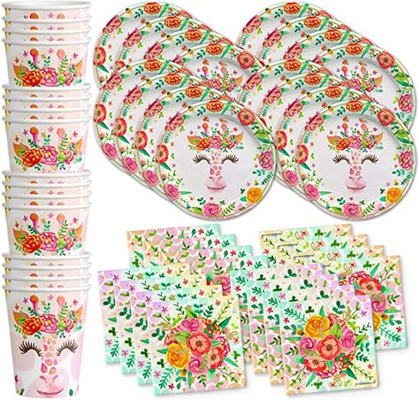 Amazon.com: Giraffe Floral Birthday Party Supplies Set Plates Napkins Cups Tableware Kit for 16: Toys & Games Giraffe Party Food Ideas, First Birthday Giraffe Theme, Sweet Giraffe Events, Party Animal Birthday Plates, Zoo Animal Party, Giraffe Party, Giraffe Birthday, Boho Birthday Party, Birthday Party Set