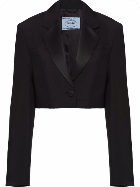 [PaidAd] Black Mohair Satin-Lapel Cropped Blazer Jacket From Prada Featuring Notched Lapels, Front Button Fastening, Two Chest Welt Pockets, Long Sleeves, Buttoned Cuffs, Straight Hem And Cropped. | Prada Satin-Lapel Cropped Blazer Jacket #blackcroppedblazeroutfit Black Cropped Blazer Outfit, Cropped Blazer Outfit, Prada Outfits, Black Pantsuit, Prada Jacket, Crop Top Jacket, Black Suit Jacket, Cropped Blazer Jacket, Designer Blazers