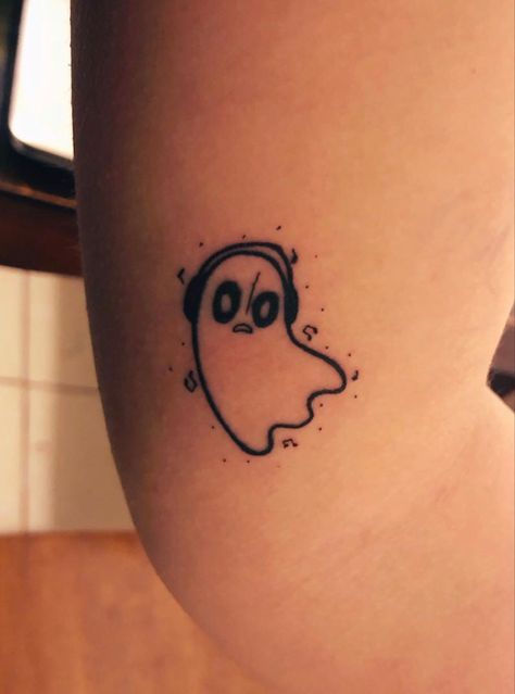 Nabstablook Tattoo, Small Undertale Tattoo, Game Inspired Tattoos, Subtle Fnaf Tattoo, Tattoo Ideas Gaming, Simple Video Game Tattoos, Videogame Tattoo Ideas, Smiling Friends Tattoo, Undertale Ghost