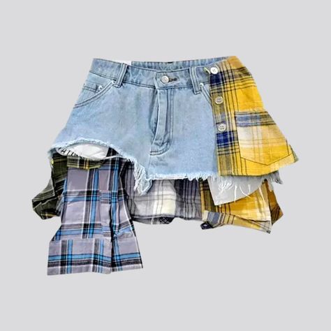 Experience the ultimate in fashion with our mid-waist jean skort for ladies. Mixed-fabrics, mini, reworked, light-wash features for a stylish look. Jean Skort, Womens Denim Skirts, Mid Waist Jeans, Trendy Jeans, Denim Skirt Women, Plaid Skirt, Mixing Fabrics, Casual Skirts, Plaid Skirts