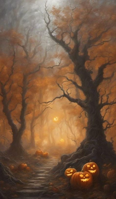 Fall Scenery Wallpaper Iphone, Spooky Woods Painting, Spooky Woods Art, Fall Fantasy Art, Spooky Forest Painting, Halloween Pumpkins Aesthetic, Eerie Watercolor, Vintage Autumn Illustration, Halloween Ambience