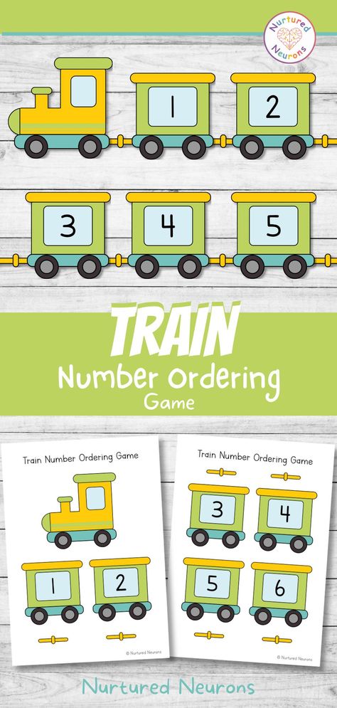 All aboard! This awesome train number sequencing game is a great hands on way for your children to practice ordering the numbers from 1-10. This math printable is also a super way to develop those number recognition, number ordering and fine motor skills. Grab the printable math game over at Nurtured Neurons! #trains #transporttheme #preschoolmath #mathgames #kindergartenmath #mathactivities #learningthroughplay #kindergarten Train Maths Activities, Sequencing Numbers 1-10, Train Numbers Free Printable, Number Train Printable, Alphabet Train Printable Free, Number Ordering Activities, Number Sequence Activities, Number Sequencing Activities, Ordering Numbers Activities