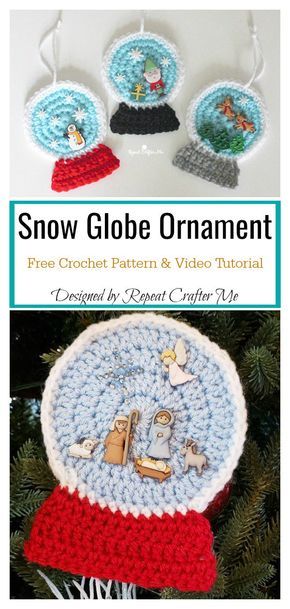 Snow Globe Christmas Ornament Free Crochet Pattern and Video Tutorial #freecrochetpatterns #christmasgifts #christmasdecor Snowglobe Ornament, Snow Globe Ornament, Big Crochet, Snow Globe Christmas, Crochet Ornament Patterns, Crochet Fish, Crocheting Projects, Crocheted Toys, Christmas Buttons