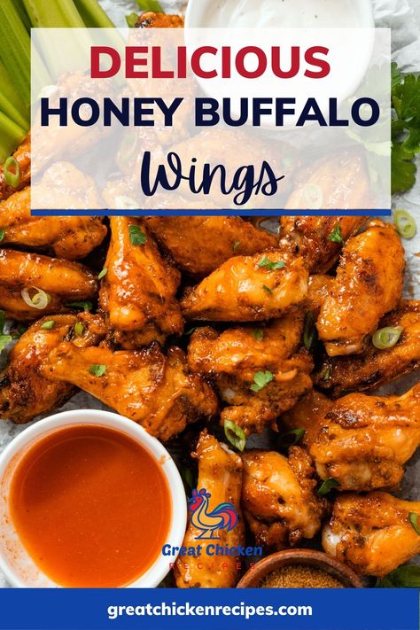 These Honey Buffalo Wings are crispy, juicy, and the perfect balance of sweet and spicy. I bake the wings until they're golden brown in the oven. Then, I toss them in a spicy Honey Buffalo Sauce. Enjoy this chicken wing appetizer at your next game day party with dips or as a main dish. Includes baked, air fryer, or deep fryer fried chicken. #recipes #chicken #chickenwings #chickenrecipes Honey Buffalo Wings, Hot Honey Boneless Wings, Honey Spicy Chicken Wings, Hot Honey Chicken Wings Oven Baked, Wing Stop Hot Honey Wings, Best Chicken Wing Recipe, Wings Recipe Buffalo, Great Chicken Recipes, Making Fried Chicken