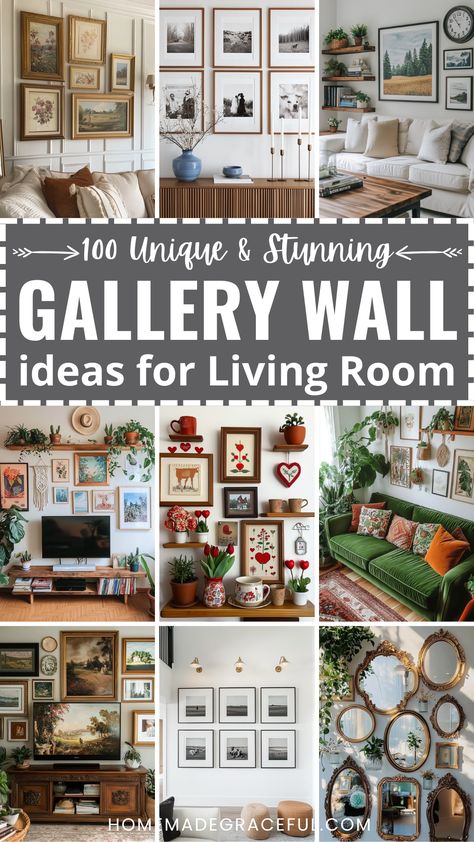 gallery wall ideas for living room Multi Picture Wall Decor, Where To Put Gallery Wall, Idea For Pictures On Walls, Picture Montage On Wall, Picture And Shelf Arrangements, Home Wall Photo Ideas, Family Wall Frames Ideas, Casual Gallery Wall, 4x6 Photo Gallery Wall