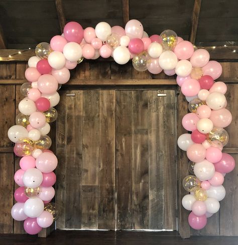 Pink White Balloon Arch, Pink Gold Arch Balloon, Sweet 16 Balloon Arch, Pink And Gold White Balloon Arch, Pink White And Gold Party Decoration, Pink And Gold Balloon Arch, Pink Balloon Circle Arch, Balloon Arch Pink, Pink Sparkly Balloon Arch